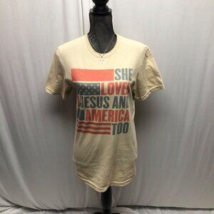 She Loves Jesus and America T-Shirt Womens Size Small Tan Distressed Looking NEW
